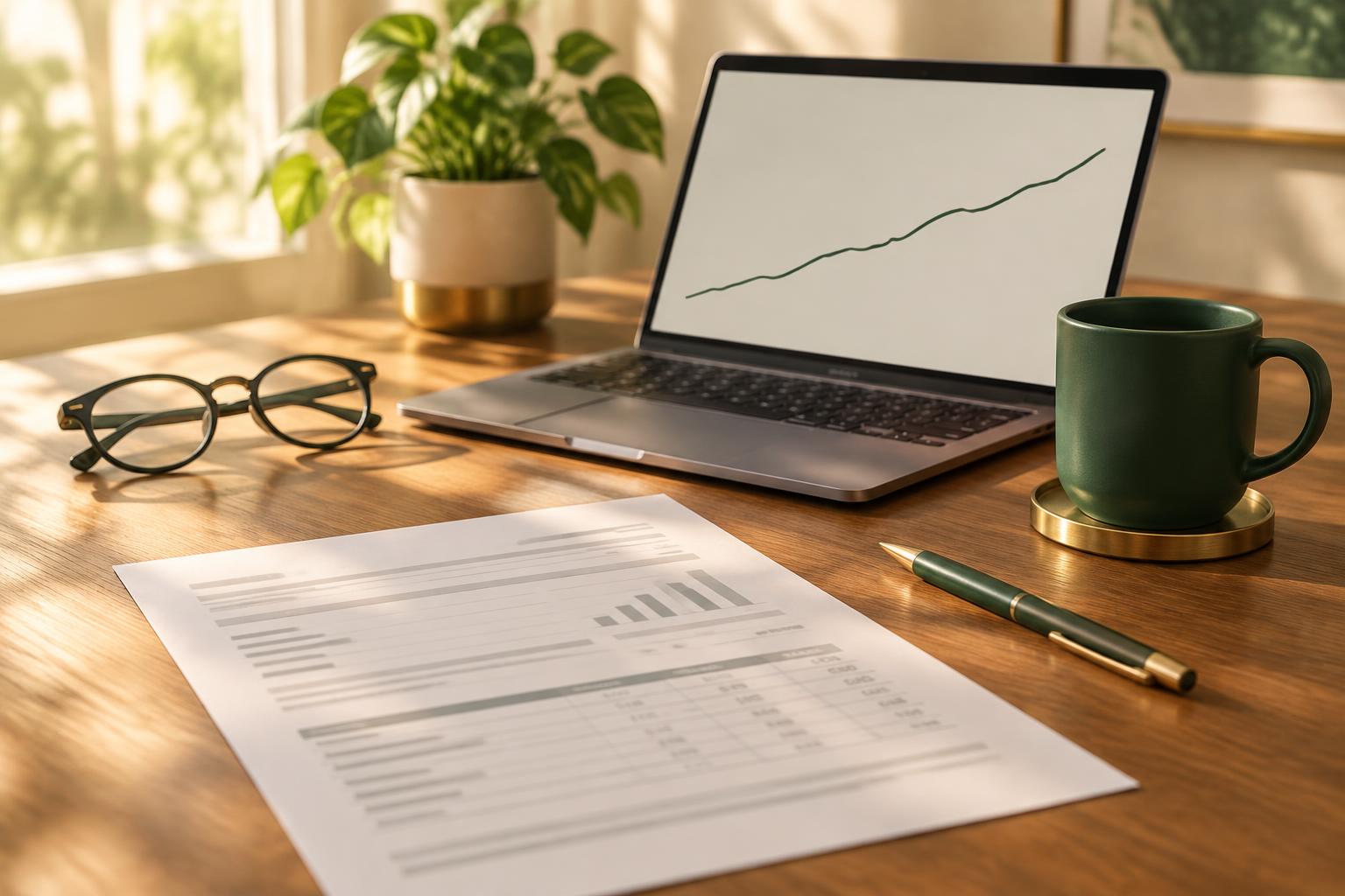 A desk with a printed credit report, a laptop showing a rising line graph, reading glasses and a mug of coffee