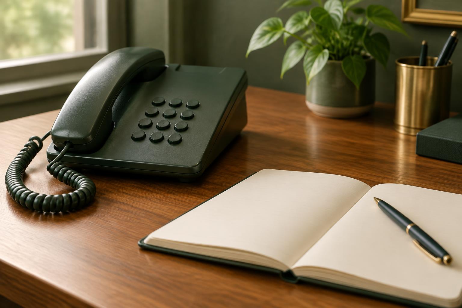 A desk telephone beside an open notebook and a pen