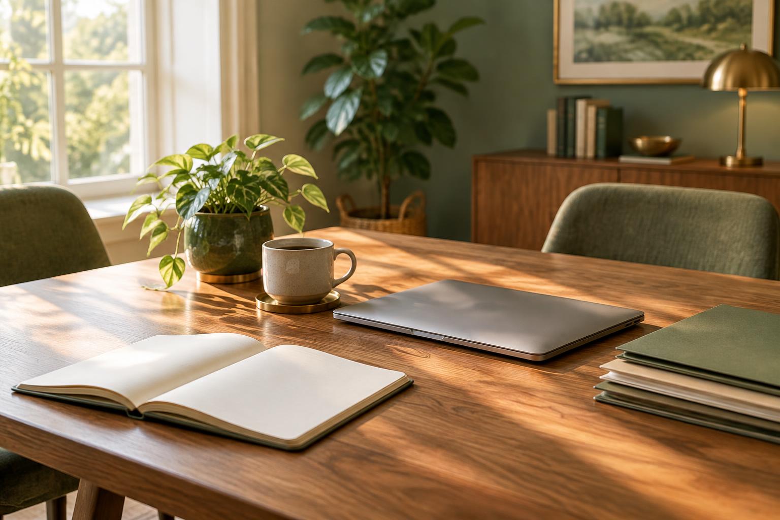A sunlit table set for a consultation, with a notebook, a laptop and a cup of coffee