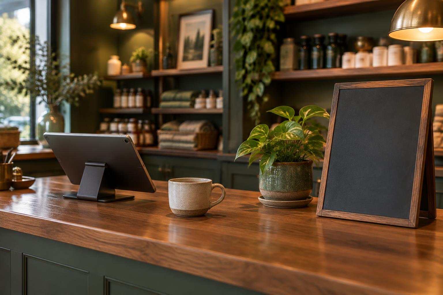 The counter of a small independent shop with a tablet, a coffee cup and a plant